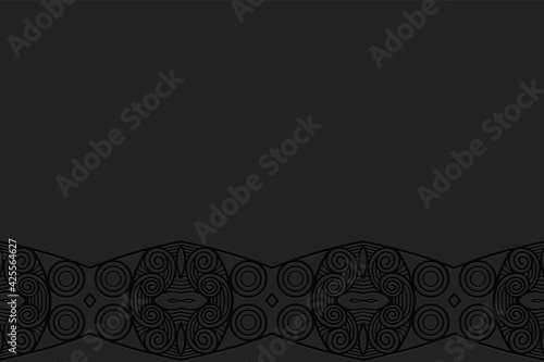 Geometric volumetric convex black background. Ethnic African, Mexican, Indian motives. 3D relief pattern in doodling style. Colorful decorative ornament. Horizontal insert.