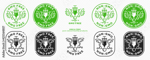 Concept for product packaging. Labeling - GMO-free. Syringe with drug and molecule - gene. Modifying injection of a molecule with wings - a symbol of freedom from modification. Vector set.