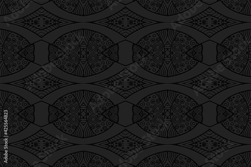 Geometric volumetric convex black background. Ethnic African, Mexican, Indian motives. 3D embossed decorative pattern in doodling style. Exotic ornament for wallpaper, business cards, textiles.