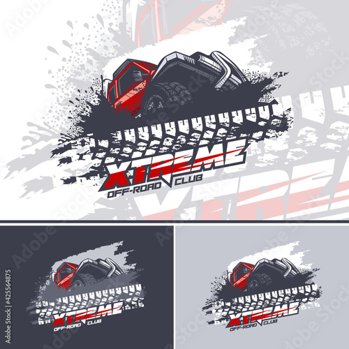 Red Off Road car logo overcoming mud obstacles, logo in three versions. photo