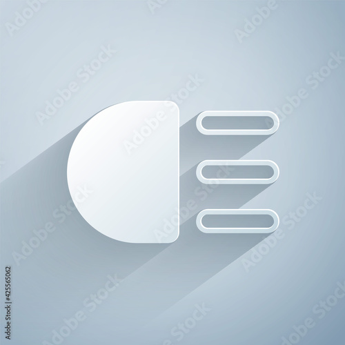 Paper cut High beam icon isolated on grey background. Car headlight. Paper art style. Vector
