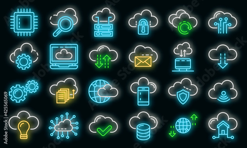 Cloud technology icons set. Outline set of cloud technology vector icons neon color on black