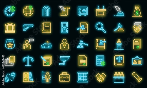 Lawyer icons set. Outline set of lawyer vector icons neon color on black