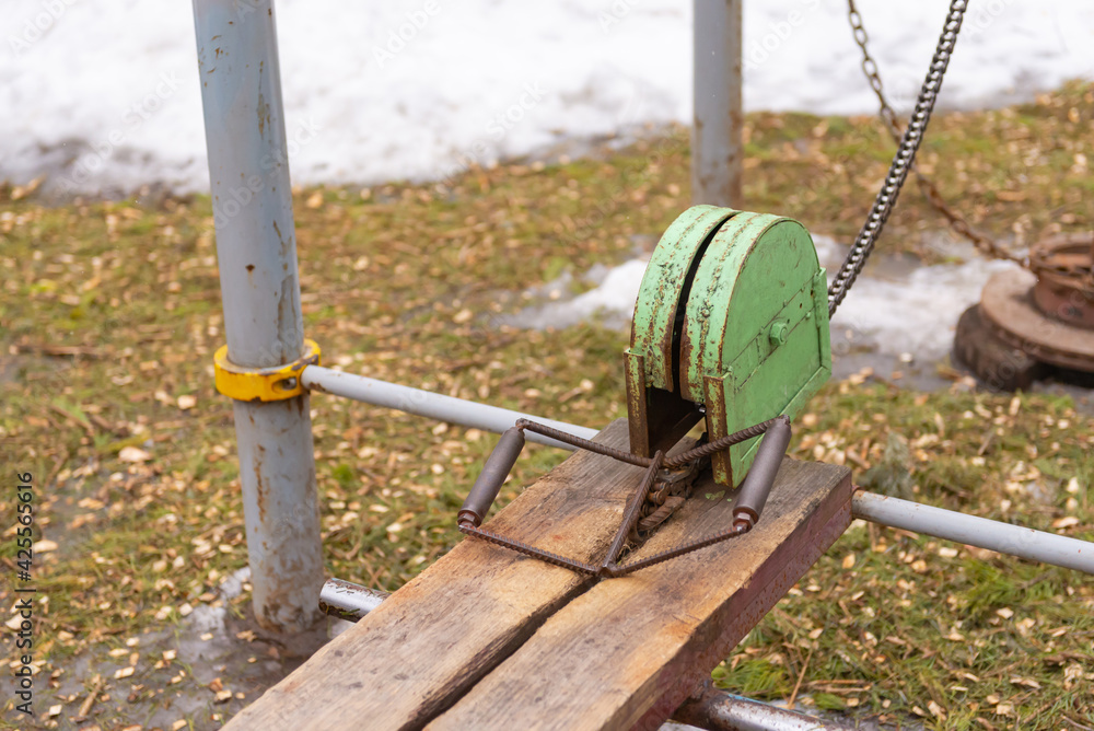 Outdoor exercise equipment in the park. Block exercise machine for back muscles. Outdoor exercise equipment in the park. Block exercise machine for back muscles.