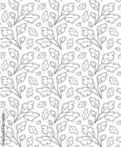 Seamless repeating bush pattern of four wide cut tropical leaves.Contour dark green objects on a white.