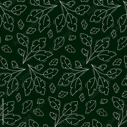 Seamless repeating bush pattern of four wide cut tropical leaves. Contour white objects on a dark green.