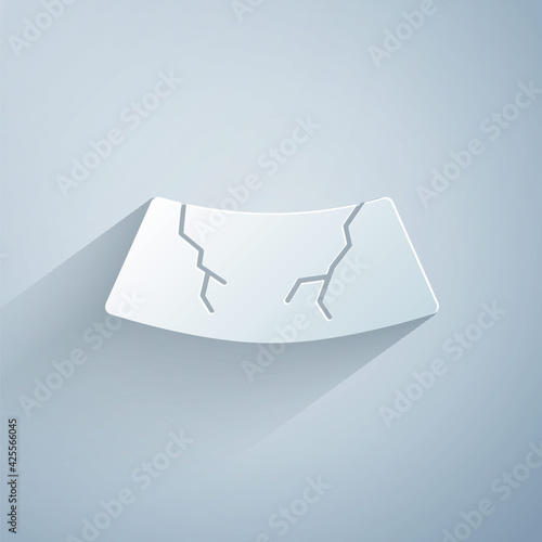 Paper cut Broken windshield cracked glass icon isolated on grey background. Paper art style. Vector