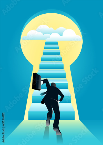 vector illustration of businessman run towards to the stairs into keyhole with bright light and clouds. business concept illustration 