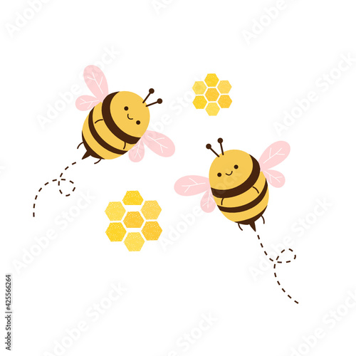 Honeycomb sign  and bee cartoons isolated on white background vector illustration.