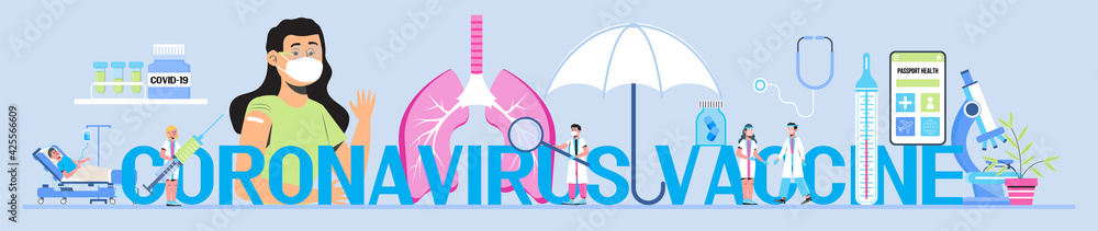 Coronavirus vaccine, immunity passport app. Health passport concept vector for web, header. Doctors wearing medical masks. Travel rules in COVID-19 pandemic. Coronavirus vaccine, immunity passport app. Health passport concept vector for web, header. Doctors wearing medical masks. Travel rules in COVID-19 pandemic.