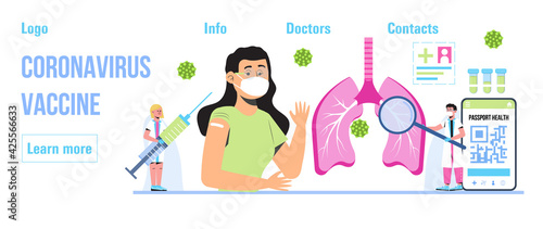Coronavirus vaccine, immunity passport app. Health passport concept vector for web, header. Doctors wearing medical masks. Travel rules in COVID-19 pandemic.