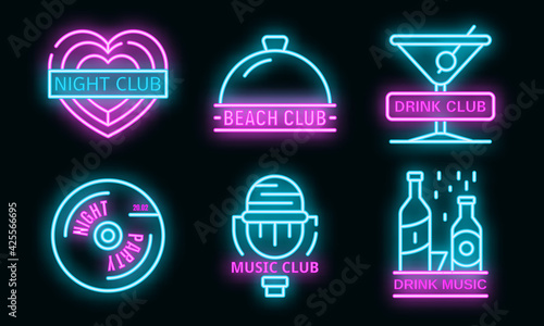 Nightclub logo set. Outline set of nightclub vector logo neon color on black
