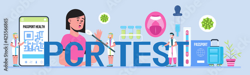 PCR test for tourists. Health passport concept vector for web, blog. Vaccine, immunity passport app. Luggage, certificate, tickets. Travel rules in COVID-19 pandemic.