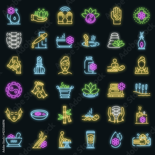Massage icons set. Outline set of massage vector icons neon color on black