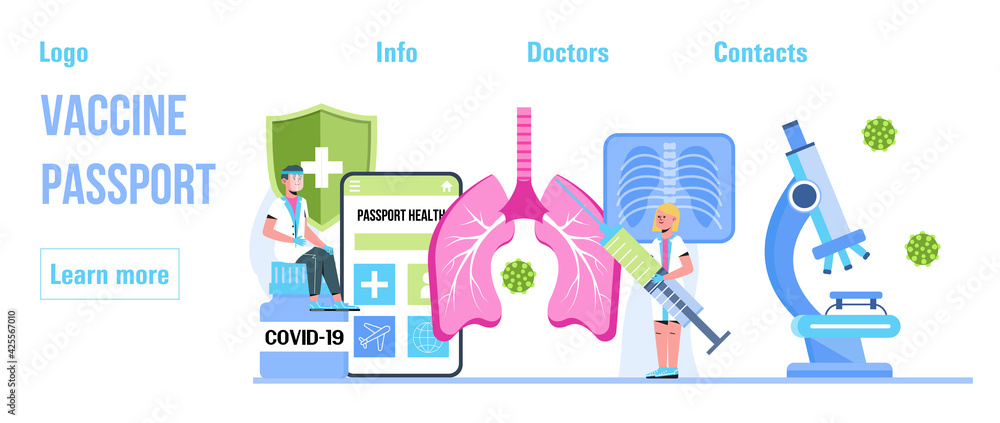 Health passport concept vector foe web, header. Vaccine, immunity passport app. Doctors wearing medical masks, disinfectant gloves washing hands. Travel rules in COVID-19 pandemic. Health passport concept vector foe web, header. Vaccine, immunity passport app. Doctors wearing medical masks, disinfectant gloves washing hands. Travel rules in COVID-19 pandemic.