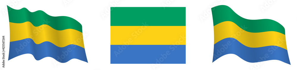 flag of Gabon in static position and in motion, fluttering in wind in exact colors and sizes, on white background flag of Gabon in static position and in motion, fluttering in wind in exact colors and sizes, on white background