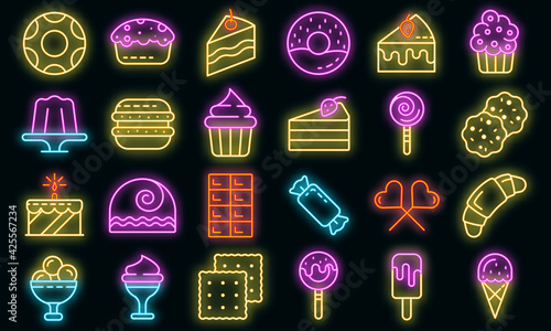 Confectionery icons set. Outline set of confectionery vector icons neon color on black