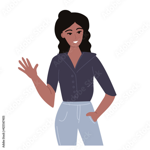 Fashionable black girl with curly hair waving hand. Young fashionable woman in shirt and trousers. Modern trendy hipster look. Flat cartoon vector illustration.