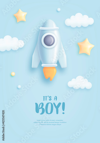 Baby shower invitation with cartoon rocket and stars on blue background. It's a boy. Vector illustration