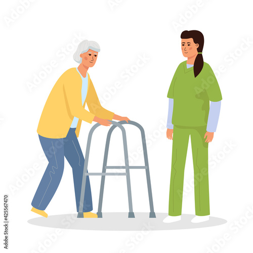 Elderly woman disabled on a walker and a nurse.