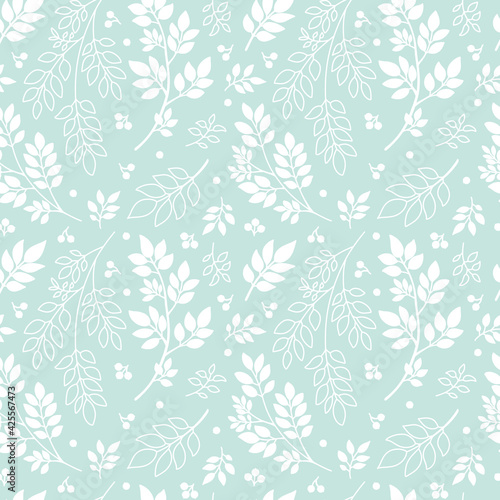 White tree branches on mint green background. Abstract Plant, silhouette and outline Twigs with Leaves. Floral seamless pattern, vector texture for fashion textile print, fabric, wrapping, gift paper