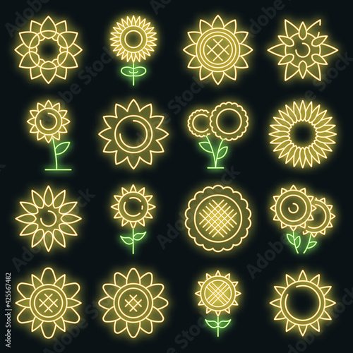 Sunflower icons set. Outline set of sunflower vector icons neon color on black