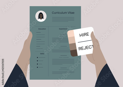 A biased HR manager using a skin tone palette to hire or reject a job applicant, racism at work