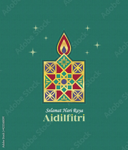 Hari Raya Aidilfitri greeting card. Gold line art pelita (oil lamp) symbol flat design. Modern morocco islamic geometrical motif or pattern design. (translation: Fasting Day celebration)