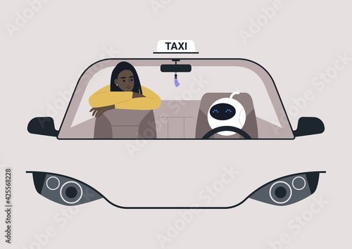 Autonomous vehicle concept, a cute futuristic robot driving a car with a young female Black passenger on a back seat