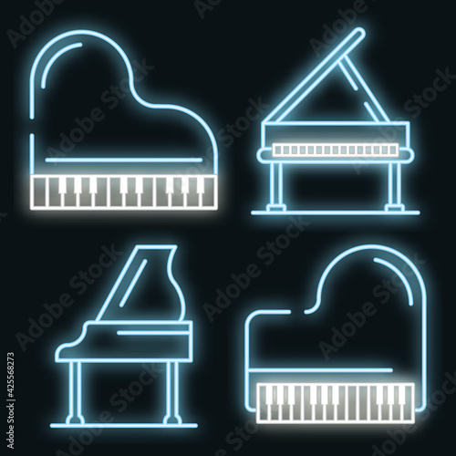 Grand piano icons set. Outline set of grand piano vector icons neon color on black