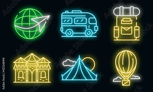 Excursion icons set. Outline set of excursion vector icons neon color on black