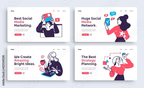 Set of Presentation slide templates or landing page websites design. Business concept illustrations. Modern flat style