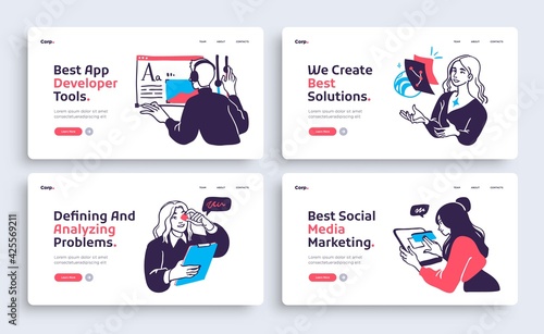 Set of Presentation slide templates or landing page websites design. Business concept illustrations. Modern flat style