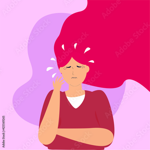 Female character feeling uncomfortable because of chronic mental health. Young woman suffering from Alzheimer, anxiety, amnesia, loss memory, depression, stress or dementia. Vector illustration.