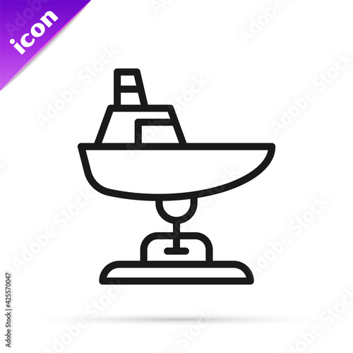 Black line Swing boat on the playground icon isolated on white background. Childrens carousel with boat. Amusement icon. Vector