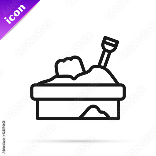 Black line Sandbox with sand icon isolated on white background. Vector