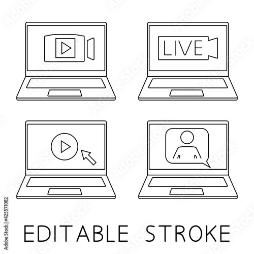 Laptop with man and speech bubble for video conference, webinar, video chats, conference. Start play or stream symbol. Online training. Notebook icon in simple design with arrow and camera