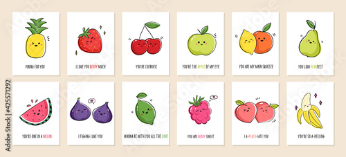 Set of greeting cards Punny fruits with cute fruits and funny phrases. Collection of postcards with kawaii fruits and puns. Vector cartoon illustration
