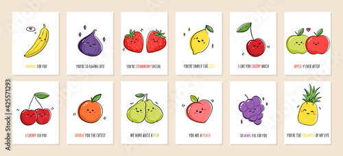 Set of greeting cards Punny fruits with cute fruits and funny phrases. Collection of postcards with kawaii fruits and puns. Vector cartoon illustration