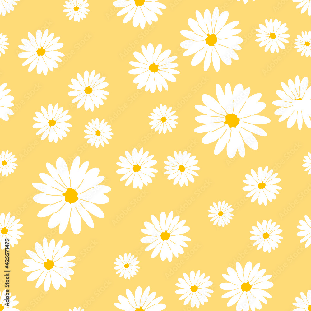 Seamless pattern with chamomiles on yellow background vector illustration. Flat design. Seamless pattern with chamomiles on yellow background vector illustration. Flat design.