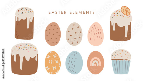 Abstract Easter cake and colored eggs set, boho sweet bread set, delicious Easter cake decoration, colorful multi-colored decor cake, Happy Easter vector card