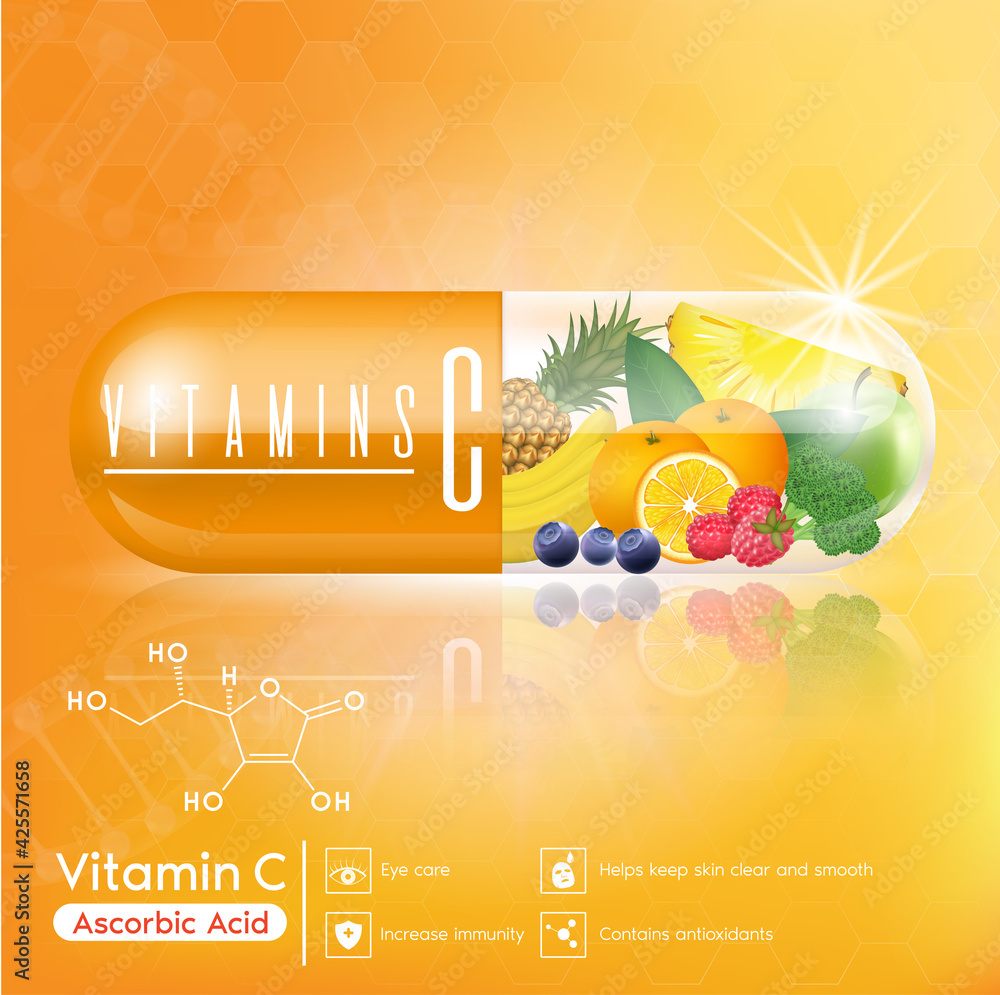 Orange vitamin C capsules, fruits and vegetables that nourish the eyesight, bones Neutralize free radicals. Health supplement female face anti-aging beauty cosmetics banner template. 3D vector EPS10