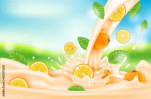 Orange milk with splashes realistic, Vitamin rich juices and yogurts for health. Vector 3d illustration.