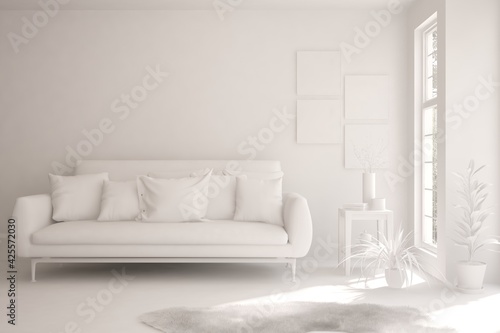 White minimalist living room with sofa. Scandinavian interior design. 3D illustration