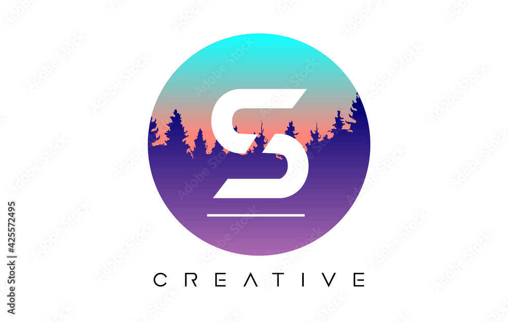 Creative S Letter Logo Design with Pine Forest Vector Shapes and Pastel Colors Creative S Letter Logo Design with Pine Forest Vector Shapes and Pastel Colors