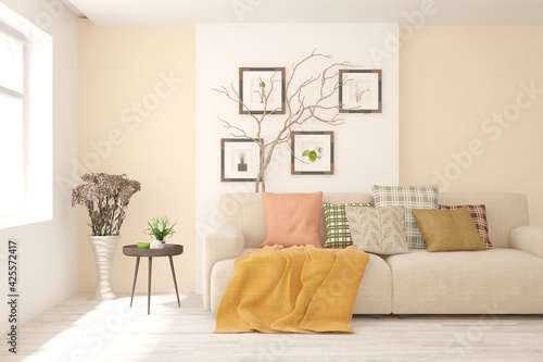 Soft color living room with sofa. Scandinavian interior design. 3D illustration © AntonSh