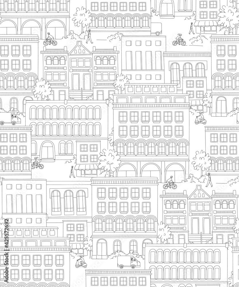 Cityscape, houses, buildings, street with pedestrians, traffic. Seamless background pattern