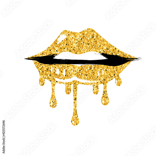 Gold glitter dripping lips icon. Clipart image isolated on white background