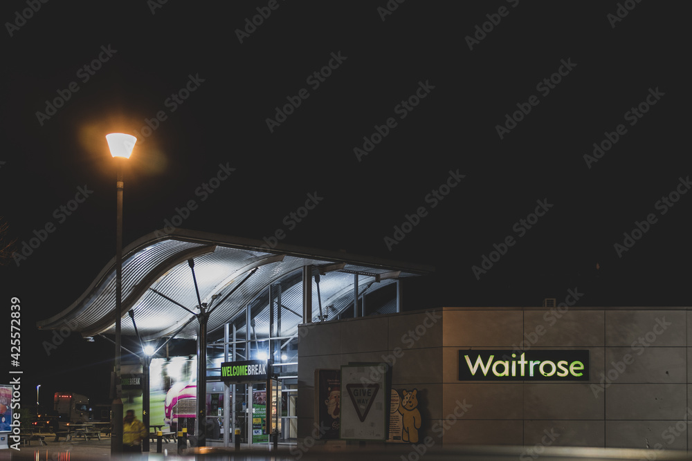 Forecourt of motorway services and petrol station on the M1 motorway in