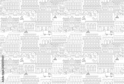 Cityscape, houses, buildings, street with pedestrians, traffic. Seamless background pattern